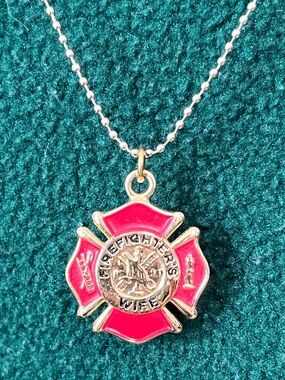 Firefighter Wife - Red and Gold Tone Maltese Cross Pendant Necklace